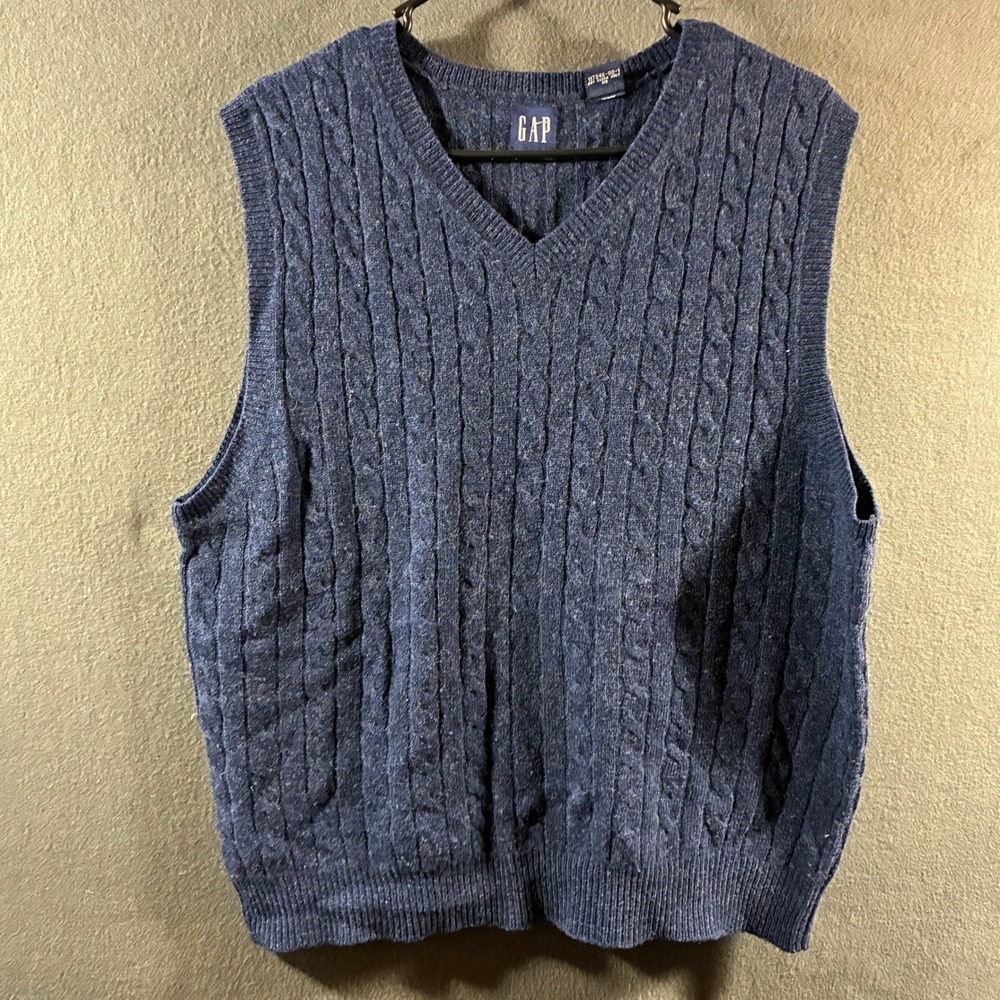 VTG Gap men lambswool Sweater Vest large blue wool Cable Knit chunky grandpa